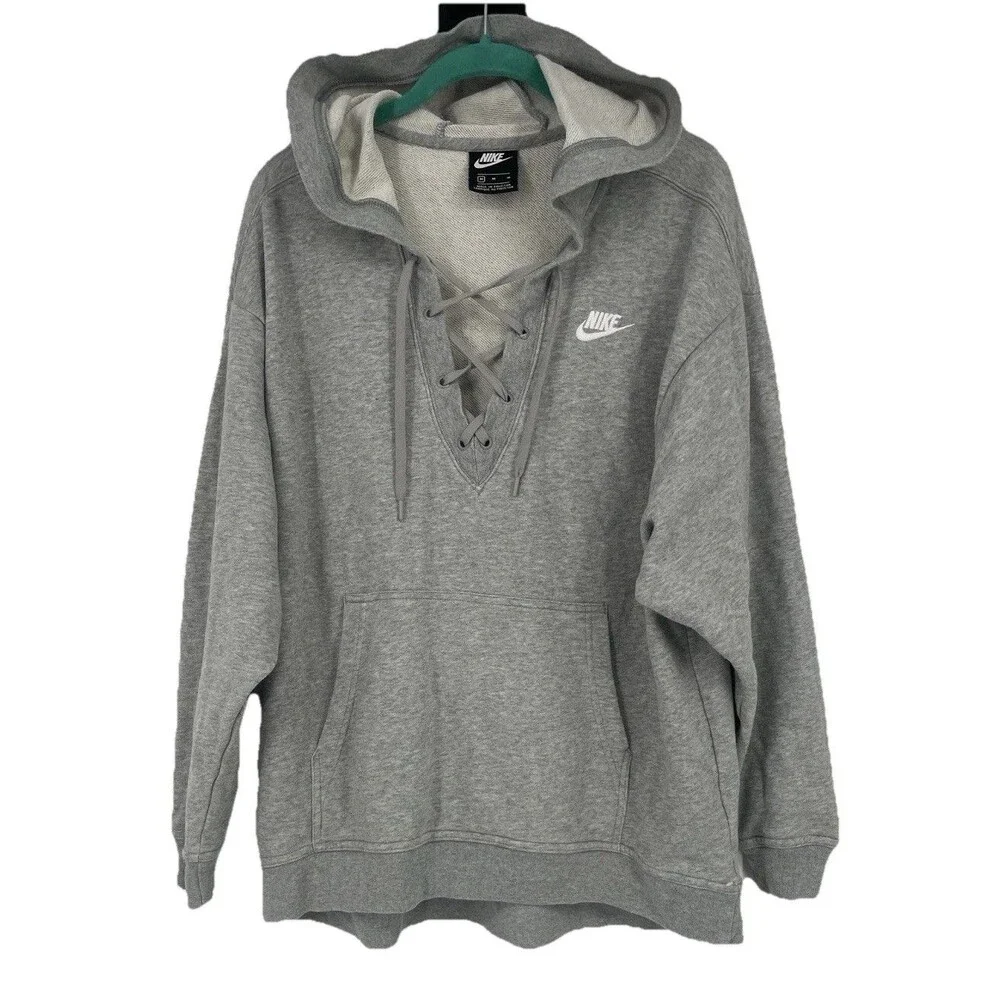 Nike Gray Pullover Lace Up Hooded Sweatshirt Hoodie Embroidered Medium